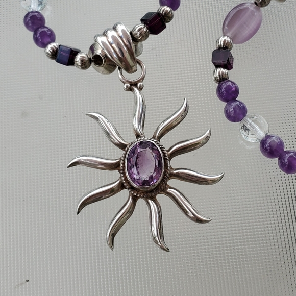 925 Sterling Amethyst Sun Pendant on Beaded Chain - Picture 6 of 7